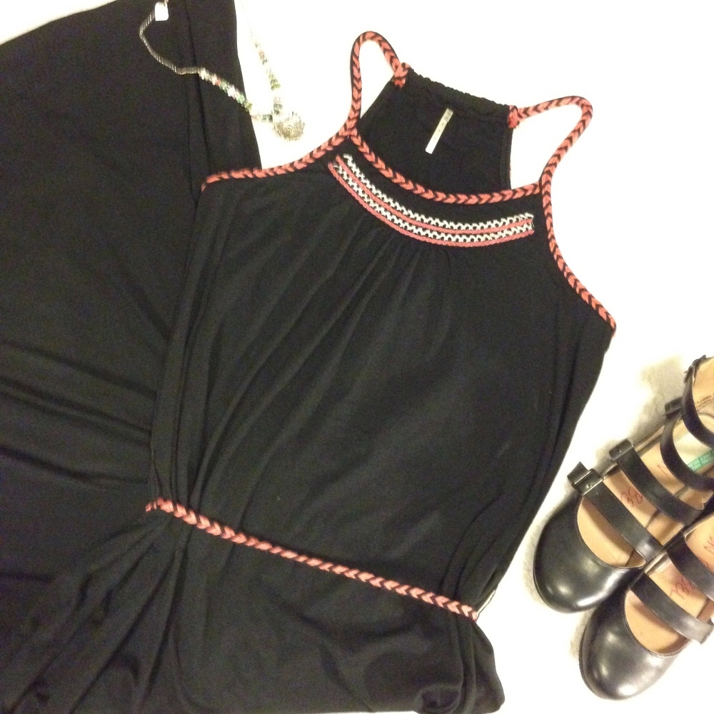 Black Maxi Dress with Coral Trim Halter Neck